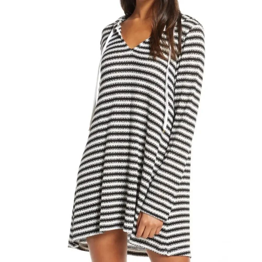 La Blanca Black & White Striped Long Sleeve Hooded V-Neck Knit Sweater Dress Med